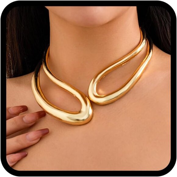 Chunky Gold Necklace Alloy Statement Choker Collar for Women Festivals - Picture 1 of 6